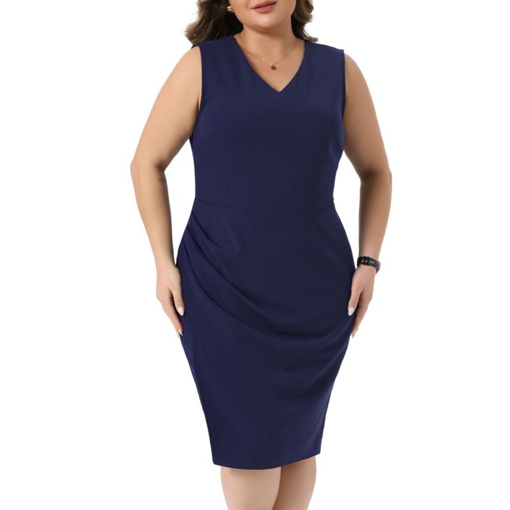 Women Plus Size Sleeveless V Neck Ruched Bodycon Work Dress Navy Blue